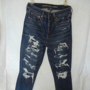 American Eagle Wmn Sz 8 Short Blue Jeans Super Hi Rise Jegging Raw Fray Stretch